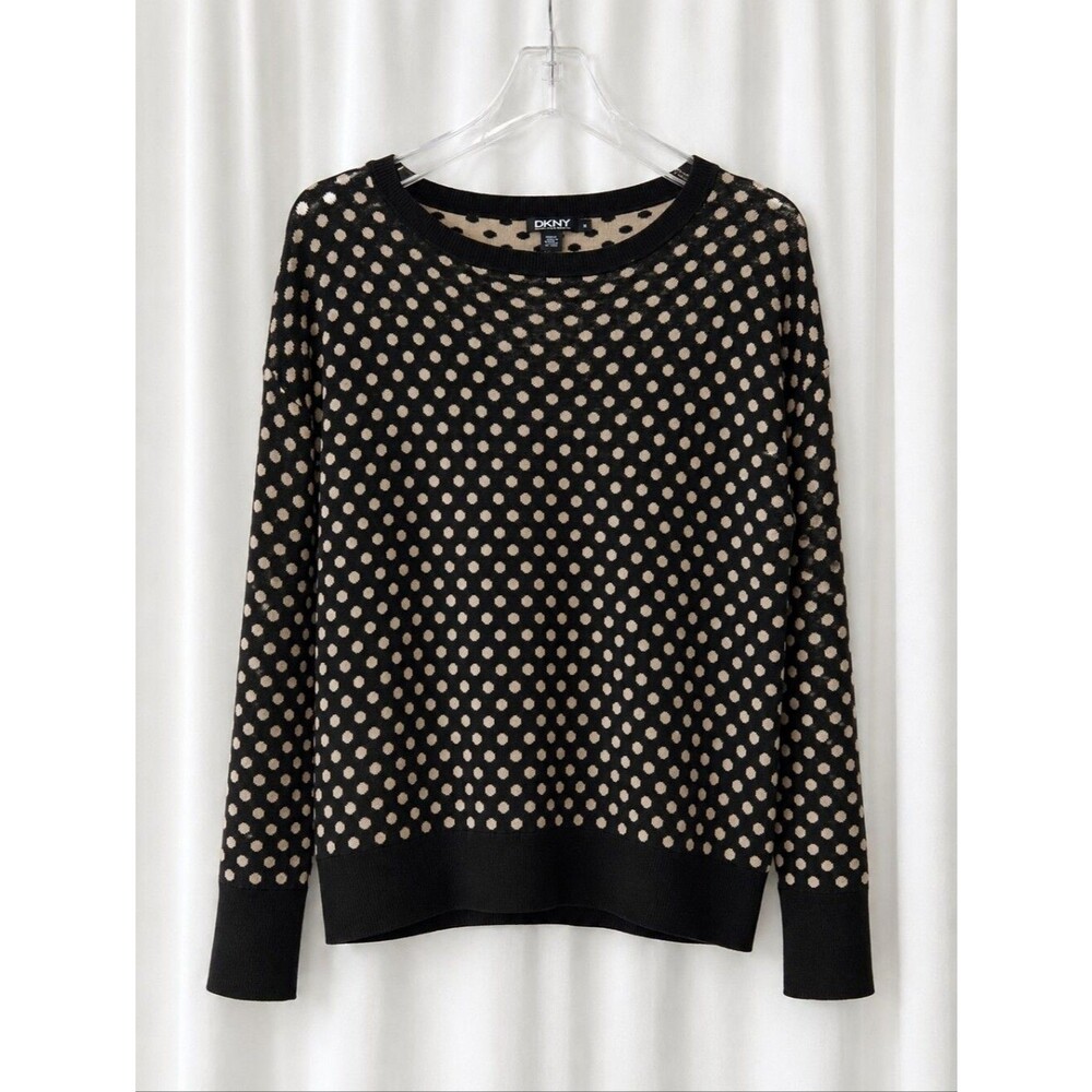 DKNY Black Taupe Silk Cashmere Polka Dot Lightweight Knit Casual Chic Sweater